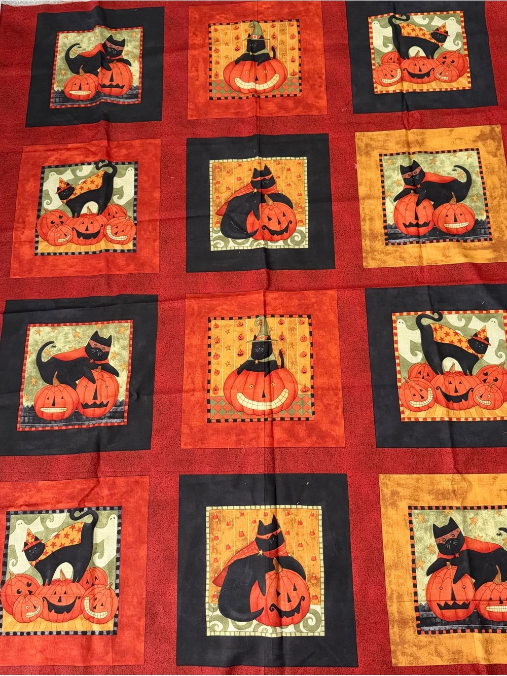 Teresa Kogut Boo Kitty Halloween Cat Pumpkin Cotton Fabric Panel Quilt 44”x 48”